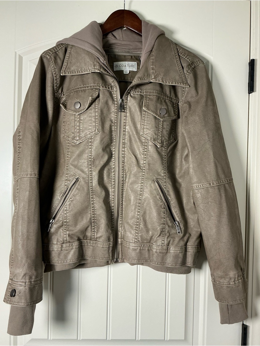 B. Coature Faux Leather Removable Hood Jacket Taupe Brown Size L